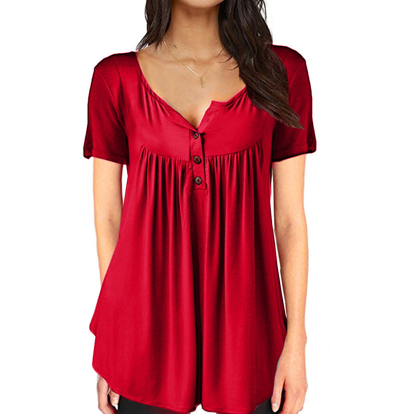 Solid Color Pleated Button Loose Short Sleeved T Shirt Women's Top
