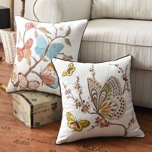 Flower, Bird And Butterfly Embroidered Pillowcase