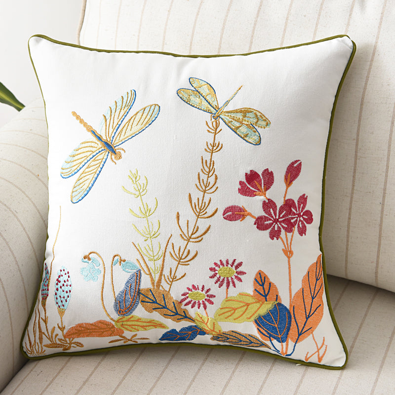 Flower, Bird And Butterfly Embroidered Pillowcase