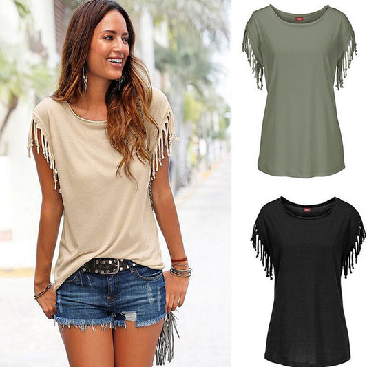 Solid Color Tassel T-Shirt