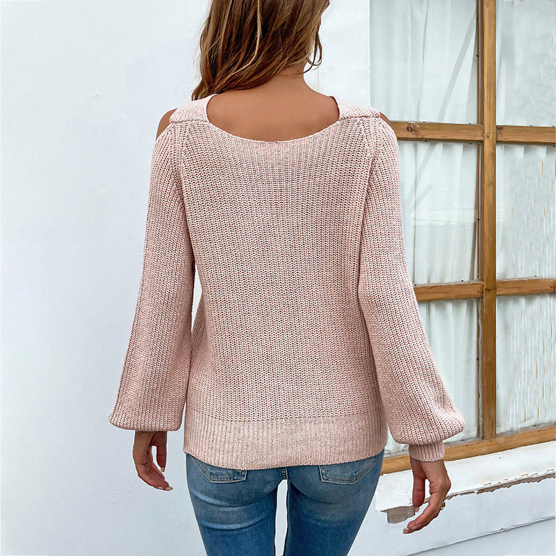 Crisscross Cold-Shoulder Rib-Knit Sweater