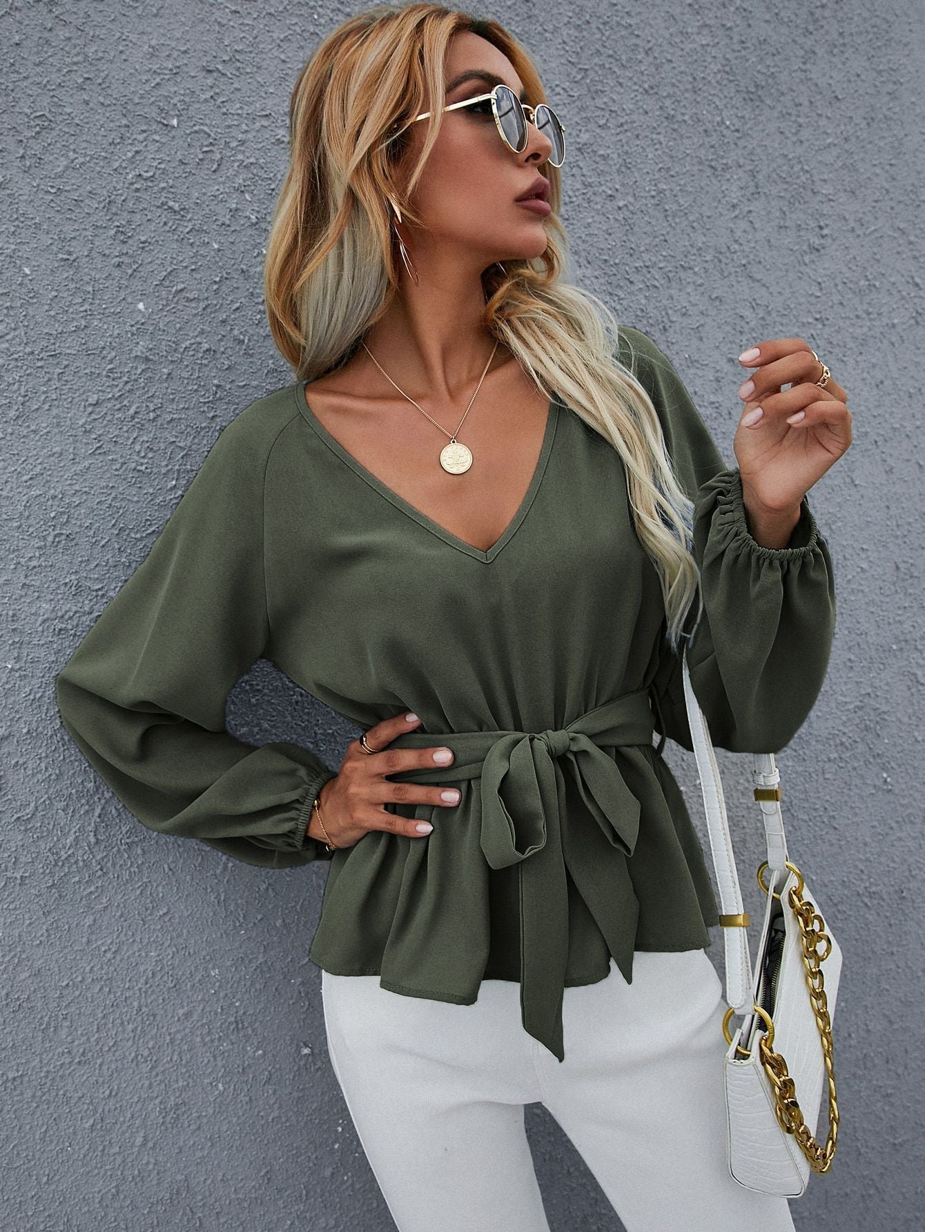 V-Neck Long Sleeve Lace-Up