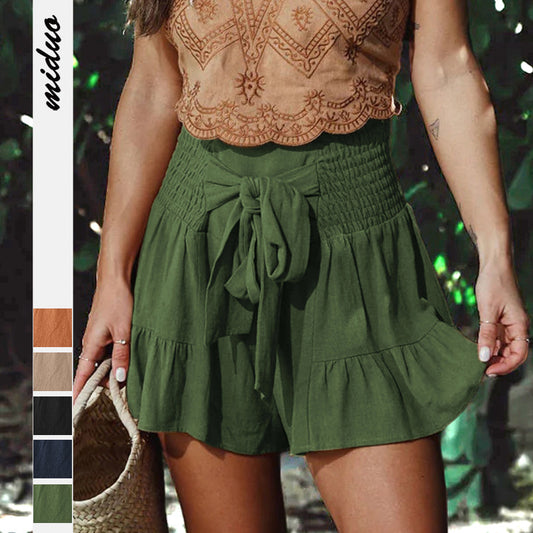 Lace-up Wide-leg Shorts With Ruffles